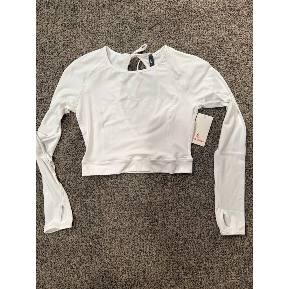 Leapstride Womens Bright White Long Sleeve Sport Top Open Back Thumbholes